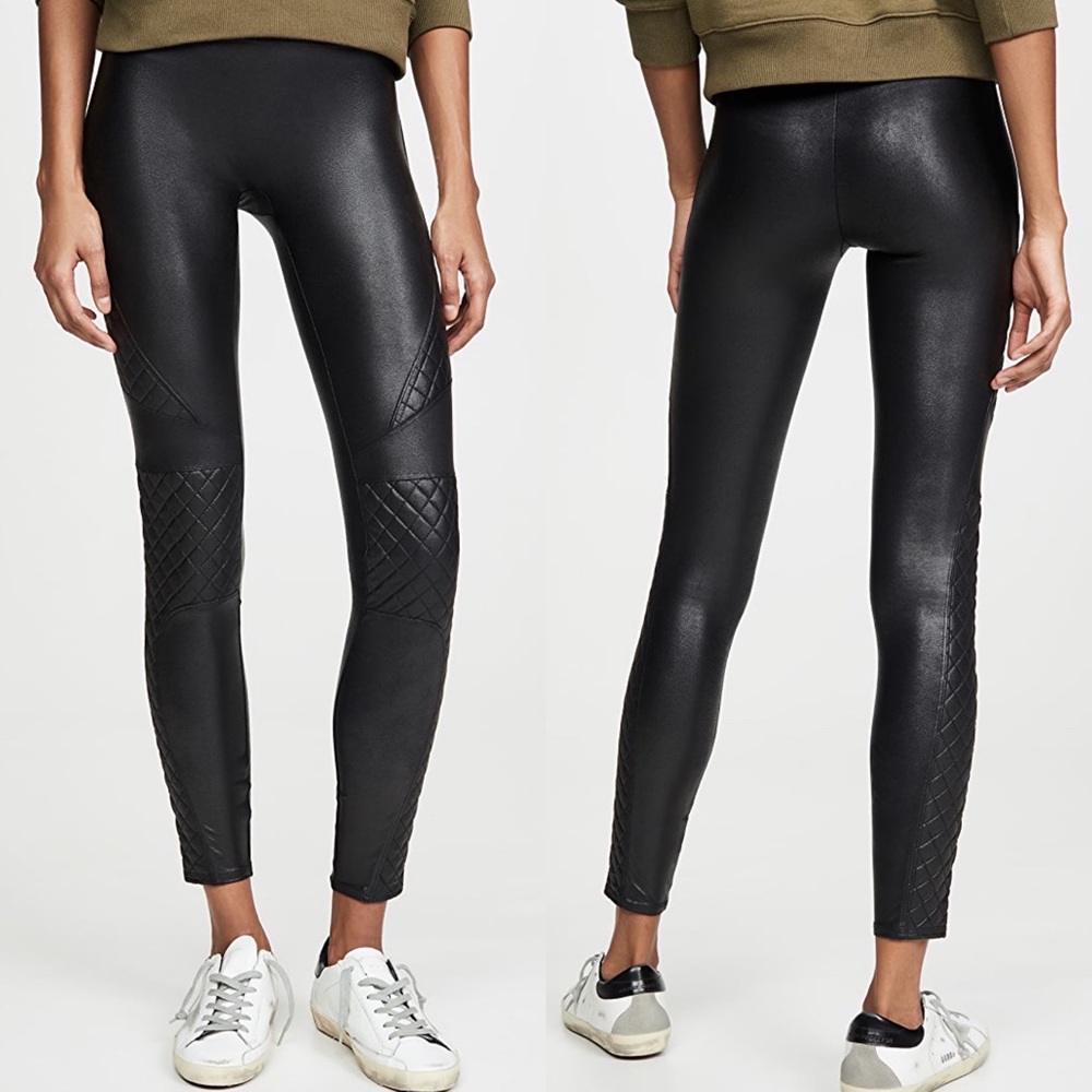 Spanx Black Faux Leather Quilted Panel Leggings Size S - Picture 1 of 11